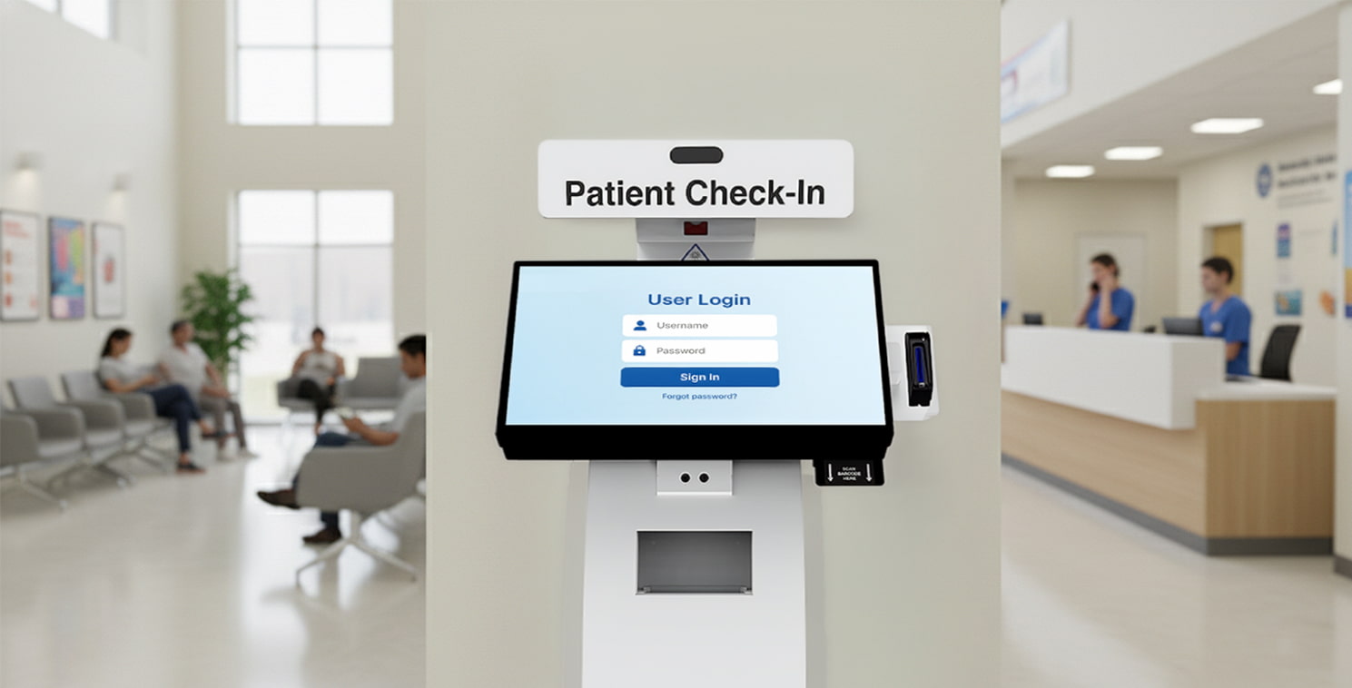 Patient self check-in kiosk featuring a touchscreen login interface in a healthcare clinic lobby. The system represents Elo’s interactive hardware paired with Lifemed’s DeepClaim AI, streamlining patient intake and ensuring clean data capture with claims automation platforms to optimize the healthcare revenue cycle.