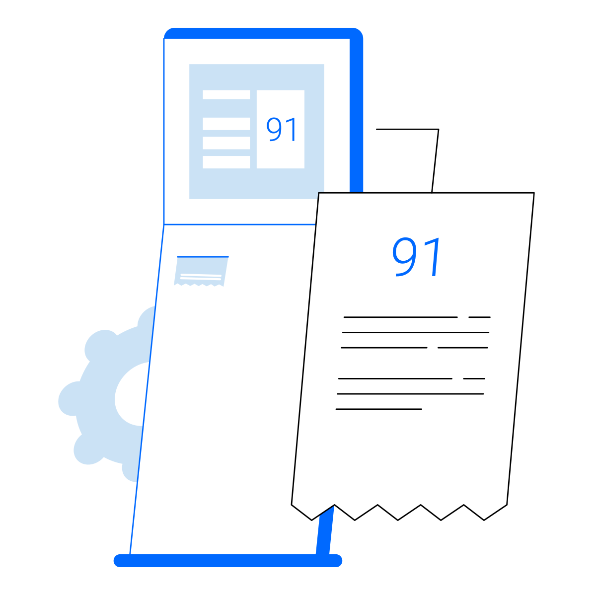 Illustration of a self-service kiosk printing a numbered ticket as part of a queue management system.